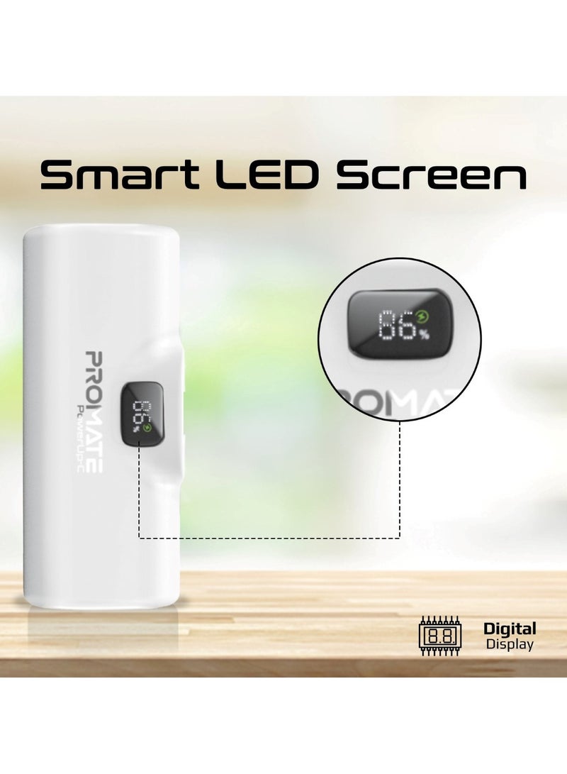 PROMATE - 5000 mAh 5000 mAh Power Bank, Ultra-Compact Portable Charger With Built-In 20W Foldable USB-C Connecter, 20W USB-C Power Delivery Port, LED Screen And Foldable Kickstand For iPhone 16, Galaxy S25, PowerUp-C - White - Image 1