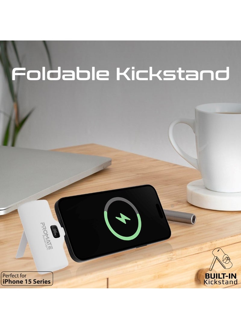 PROMATE - 5000 mAh 5000 mAh Power Bank, Ultra-Compact Portable Charger With Built-In 20W Foldable USB-C Connecter, 20W USB-C Power Delivery Port, LED Screen And Foldable Kickstand For iPhone 16, Galaxy S25, PowerUp-C - White - Image 1