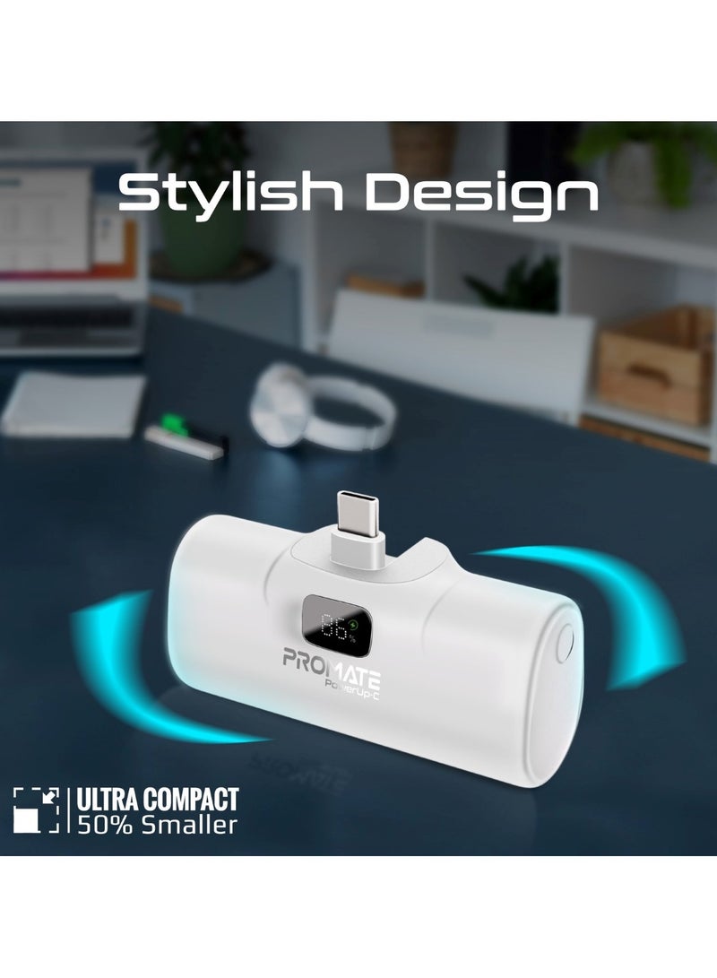 PROMATE - 5000 mAh 5000 mAh Power Bank, Ultra-Compact Portable Charger With Built-In 20W Foldable USB-C Connecter, 20W USB-C Power Delivery Port, LED Screen And Foldable Kickstand For iPhone 16, Galaxy S25, PowerUp-C - White - Image 1