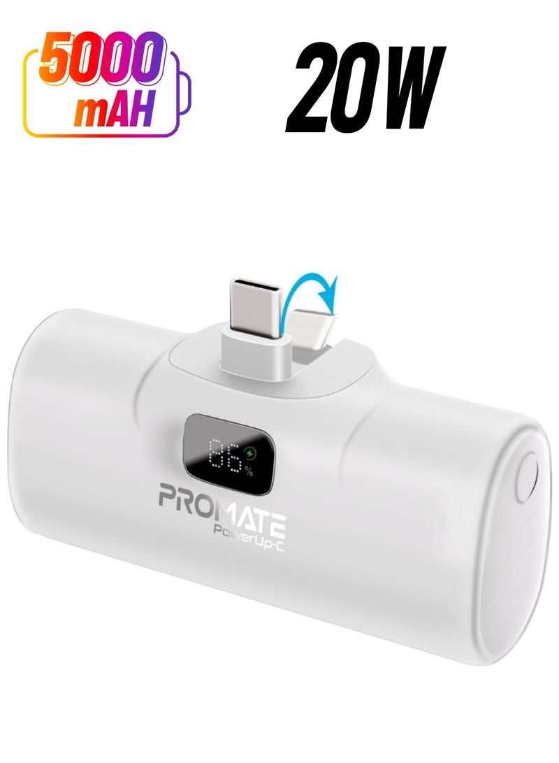 PROMATE - 5000 mAh 5000 mAh Power Bank, Ultra-Compact Portable Charger With Built-In 20W Foldable USB-C Connecter, 20W USB-C Power Delivery Port, LED Screen And Foldable Kickstand For iPhone 16, Galaxy S25, PowerUp-C - White - Image 1