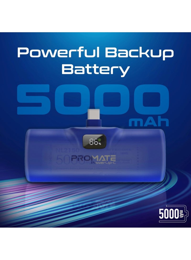 PROMATE - 5000 mAh 5000 mAh Power Bank, Ultra-Compact Portable Charger With Built-In 20W Foldable USB-C Connecter, 20W USB-C Power Delivery Port, LED Screen And Foldable Kickstand For iPhone 15, Galaxy S23, PowerUp-C Blue - Image 1