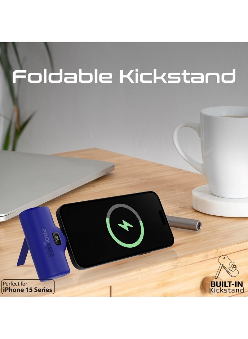 PROMATE - 5000 mAh 5000 mAh Power Bank, Ultra-Compact Portable Charger With Built-In 20W Foldable USB-C Connecter, 20W USB-C Power Delivery Port, LED Screen And Foldable Kickstand For iPhone 15, Galaxy S23, PowerUp-C Blue - Image 1