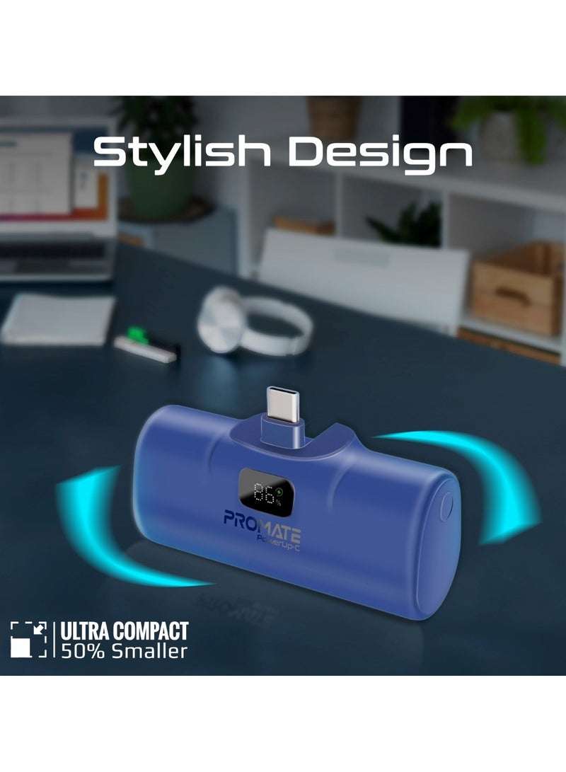 PROMATE - 5000 mAh 5000 mAh Power Bank, Ultra-Compact Portable Charger With Built-In 20W Foldable USB-C Connecter, 20W USB-C Power Delivery Port, LED Screen And Foldable Kickstand For iPhone 15, Galaxy S23, PowerUp-C Blue - Image 1