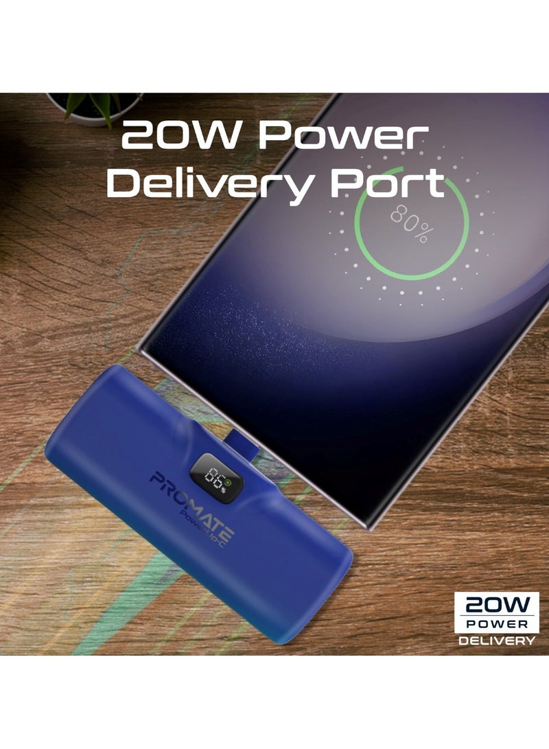 PROMATE - 5000 mAh 5000 mAh Power Bank, Ultra-Compact Portable Charger With Built-In 20W Foldable USB-C Connecter, 20W USB-C Power Delivery Port, LED Screen And Foldable Kickstand For iPhone 15, Galaxy S23, PowerUp-C Blue - Image 1