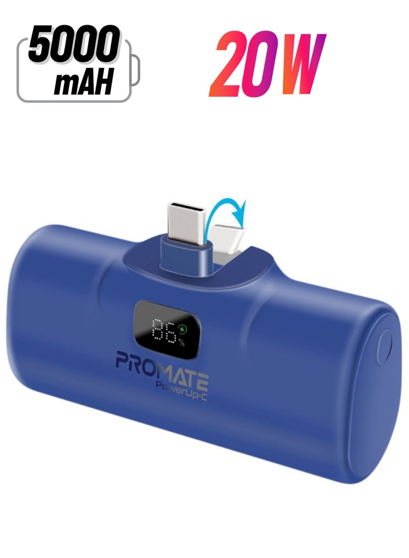 PROMATE - 5000 mAh 5000 mAh Power Bank, Ultra-Compact Portable Charger With Built-In 20W Foldable USB-C Connecter, 20W USB-C Power Delivery Port, LED Screen And Foldable Kickstand For iPhone 15, Galaxy S23, PowerUp-C Blue - Image 1