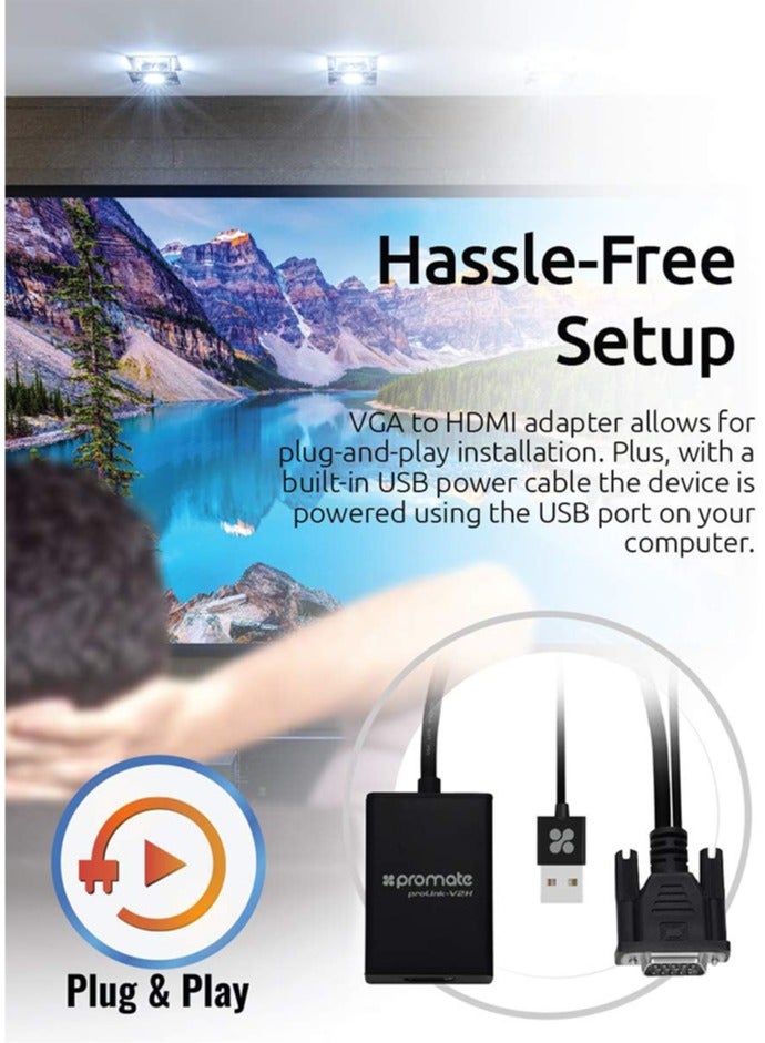 بروميت - محول محول VGA إلى HDMI بدقة 1080 بكسل HD مع دعم الصوت TV AV HDTV، ProLink-V2H أسود - Image 1