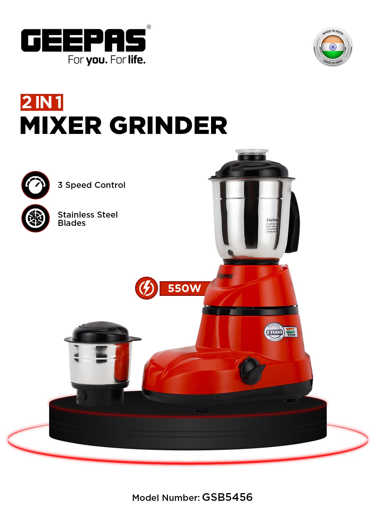 2-In-1 Mixer Grinder With Powerful Motor/Stainless Steel Jars and Blades/Unbreakable Poly carbonate Jar Caps/Overload Protector/Adjustable Speed Control 550 W GSB5456 Red/Black 