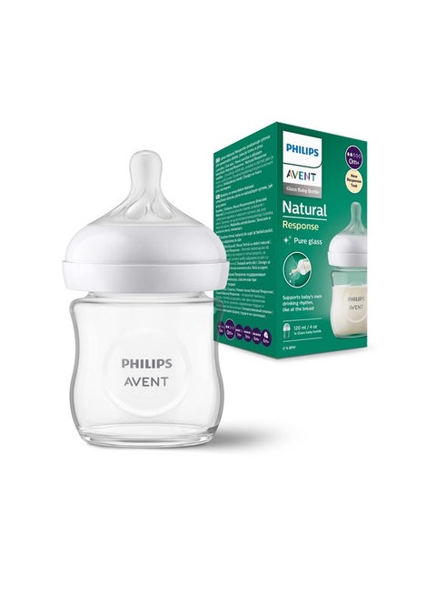 Glass Natural Response Baby Feeding Bottle 120Ml, 0M+, Slow Flow Nipple | No.1 Brand Recommended By Moms Worldwide | Natural Response Technology Mimics Breastfeeding | Uniquely Designed Nipple Releases Milk Only When Baby Drinks