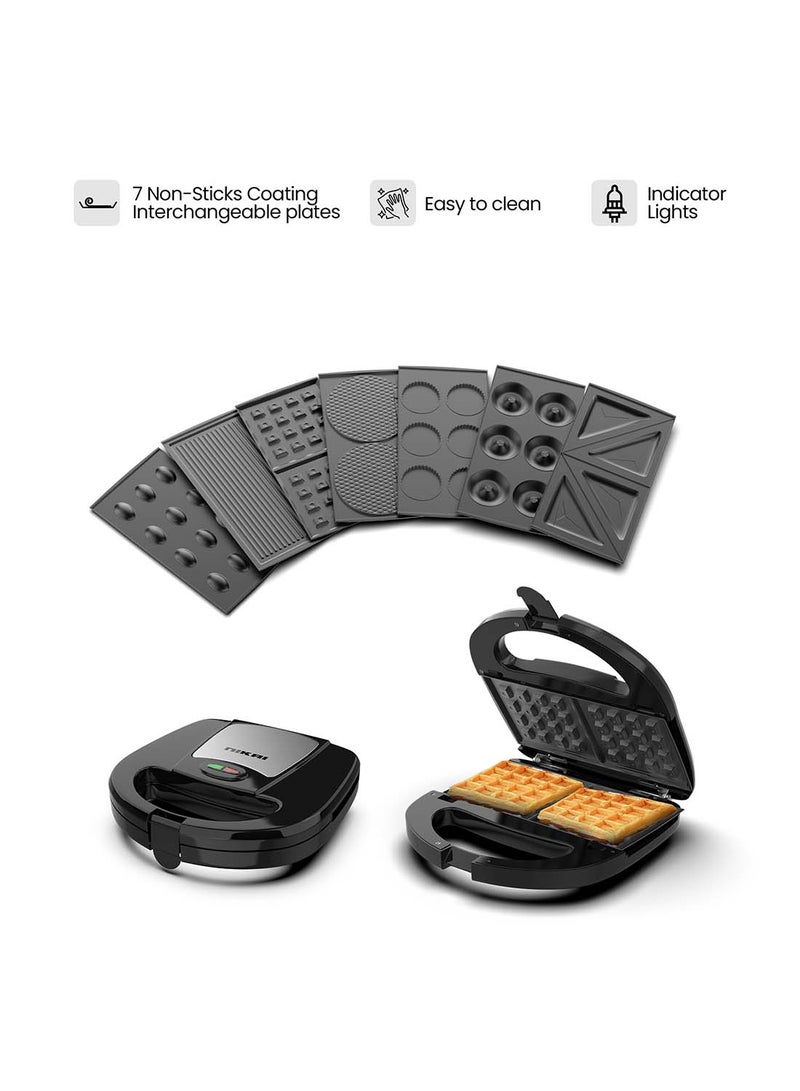 NIKAI 7 In 1 Sandwich And Multi Snack Maker, 2 Slot Non-Stick 7-In-1 Interchangeable Plates Grill, Toaster, Pancakes, Cookies, Waffles, Donuts, Cupcakes And Nutties, Cool Touch Housing, Dishwasher Safe 750 W NGT727D Black - Image 1