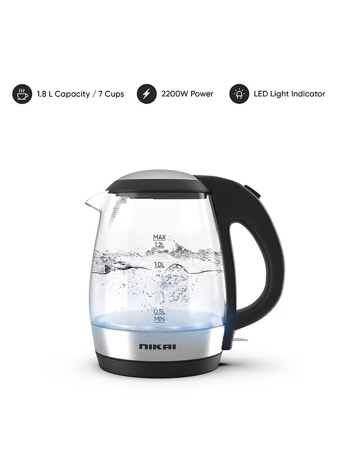 NIKAI Compact, Cordless Electric Glass Kettle Boiler, Automatic Shut Off, Boil Dry Protection, Led Indicator, Integrated Filter, 360° Rotating Base, For Home And Office Use 1.7 L 2200 W NK313G Glass 