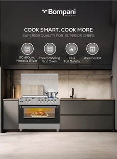 Bompani Bompani 90x60cm 5-Burner Cooking Range with Mechanical Timer, Gas Oven, Grill, FFD, Full-Safety, Automatic Ignition - One Year Manufacturer Warranty BO693YAL Silver  - Image 2