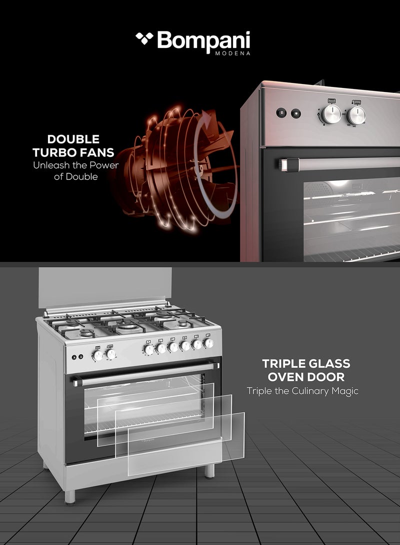 Bompani Bompani 90x60cm 5-Burner Cooking Range with Mechanical Timer, Gas Oven, Grill, FFD, Full-Safety, Automatic Ignition - One Year Manufacturer Warranty BO693YAL Silver  - Image 4