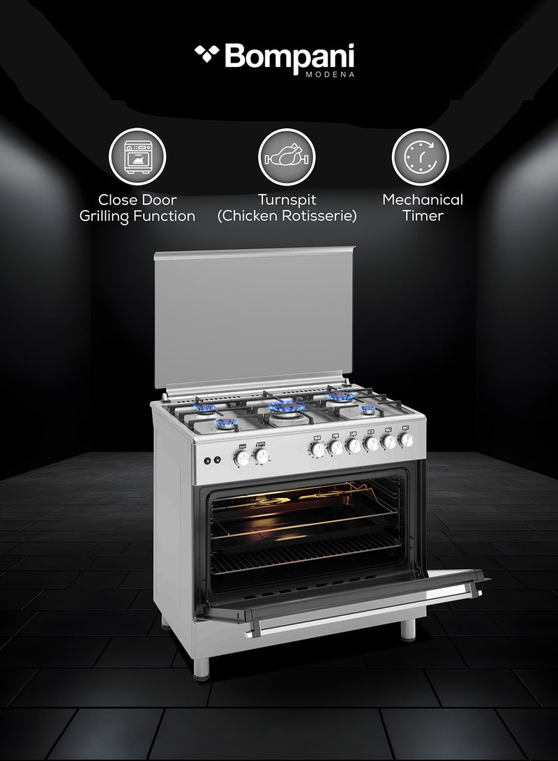 Bompani Bompani 90x60cm 5-Burner Cooking Range with Mechanical Timer, Gas Oven, Grill, FFD, Full-Safety, Automatic Ignition - One Year Manufacturer Warranty BO693YAL Silver  - Image 3