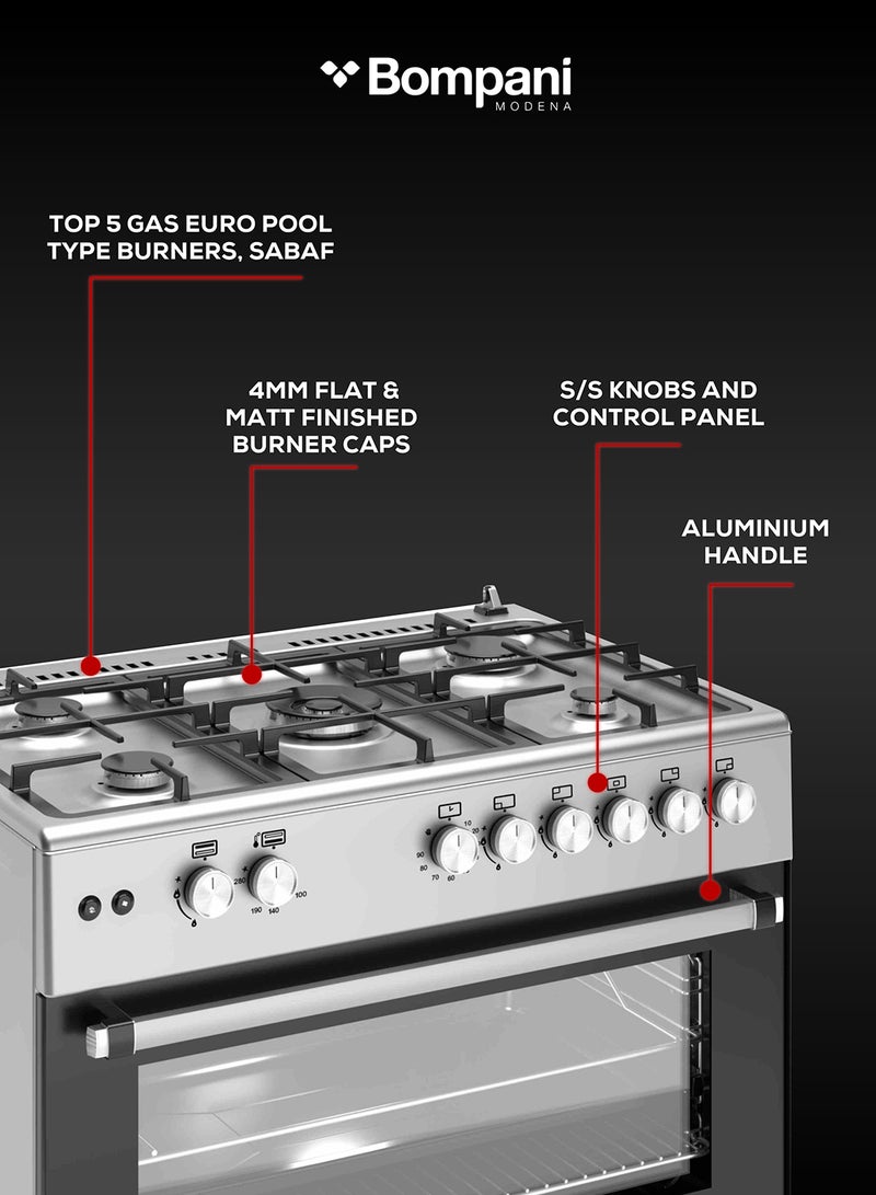 Bompani Bompani 90x60cm 5-Burner Cooking Range with Mechanical Timer, Gas Oven, Grill, FFD, Full-Safety, Automatic Ignition - One Year Manufacturer Warranty BO693YAL Silver  - Image 5