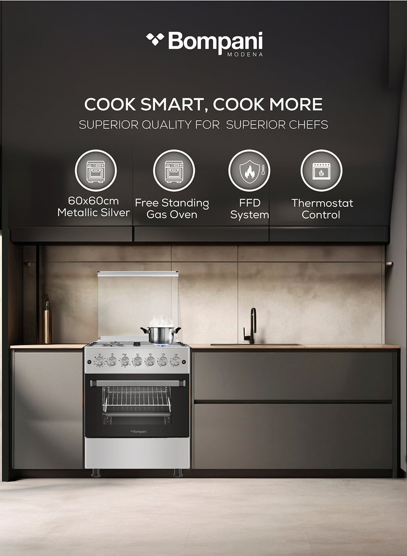 Bompani Bompani 60x60cm 4-Burner Cooking Range with Mechanical Timer, Gas Oven, Grill, FFD, Full-Safety, Automatic Ignition - One Year Manufacturer Warranty BO613YAL Silver  - Image 2