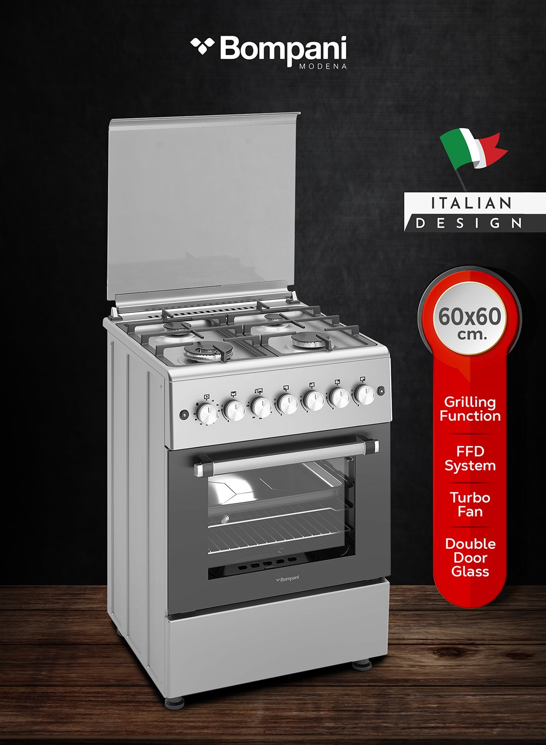 Bompani Bompani 60x60cm 4-Burner Cooking Range with Mechanical Timer, Gas Oven, Grill, FFD, Full-Safety, Automatic Ignition - One Year Manufacturer Warranty BO613YAL Silver 