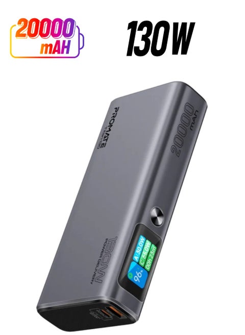 20000 mAh Power Bank, Ultra-Slim Portable Charger with 130W Power Delivery, Smart TFT LCD Screen, USB-A™ QC 3.0, Dual USB-C™ Input/Output Ports, and Over-Heating Protection, Titan-130 Grey