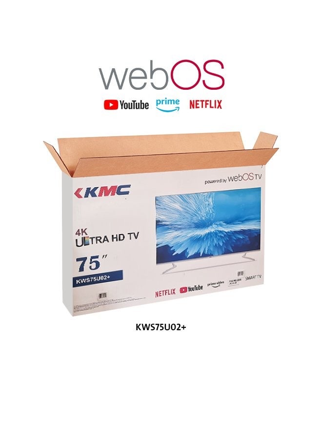كي ام سي تلفزيون ذكي LED WebOS مقاس 75 بوصة بدون إطار مع نظام تشغيل WEB OS، بدقة فائقة 4K، مع جهاز استقبال مدمج وجهاز تحكم سحري، موديل (2023) KWS75U02 أسود - Image 1