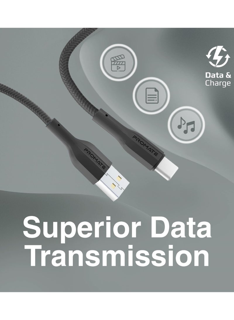 PROMATE USB-A to Type-C™ Cable, Premium Tangle-Proof Silicone 10W Fast-Charging Cable With 480 Mbps Data Transfer, 10000 Long Bend Lifespan And 100Cm Cable For USB-C™ Smartphones, Tablets, XCord-AC Black  - Image 3