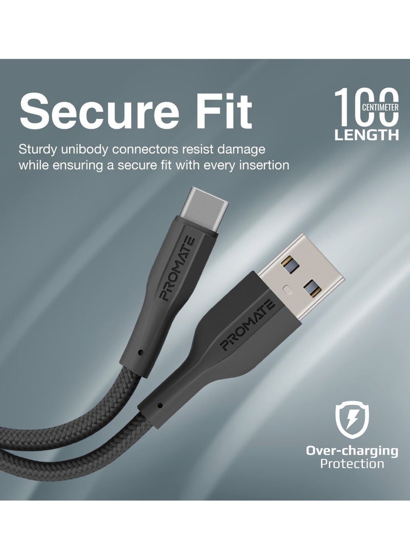 PROMATE USB-A to Type-C™ Cable, Premium Tangle-Proof Silicone 10W Fast-Charging Cable With 480 Mbps Data Transfer, 10000 Long Bend Lifespan And 100Cm Cable For USB-C™ Smartphones, Tablets, XCord-AC Black  - Image 5