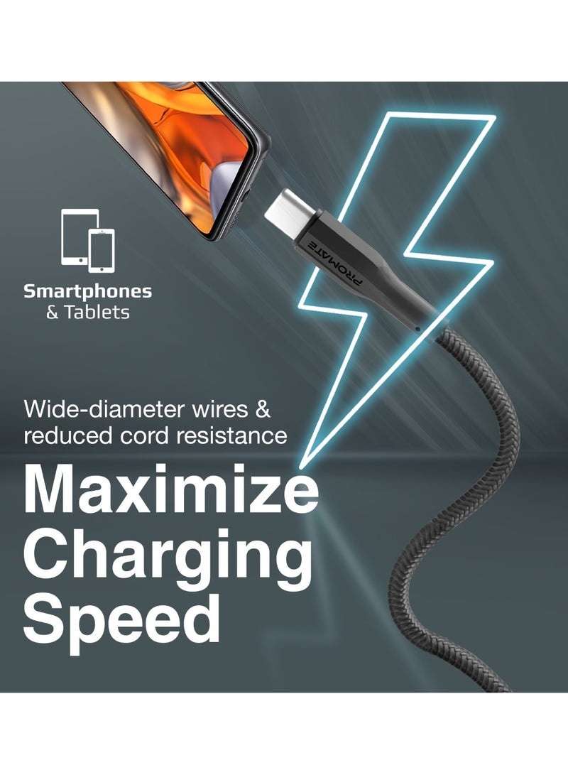 PROMATE USB-A to Type-C™ Cable, Premium Tangle-Proof Silicone 10W Fast-Charging Cable With 480 Mbps Data Transfer, 10000 Long Bend Lifespan And 100Cm Cable For USB-C™ Smartphones, Tablets, XCord-AC Black  - Image 2