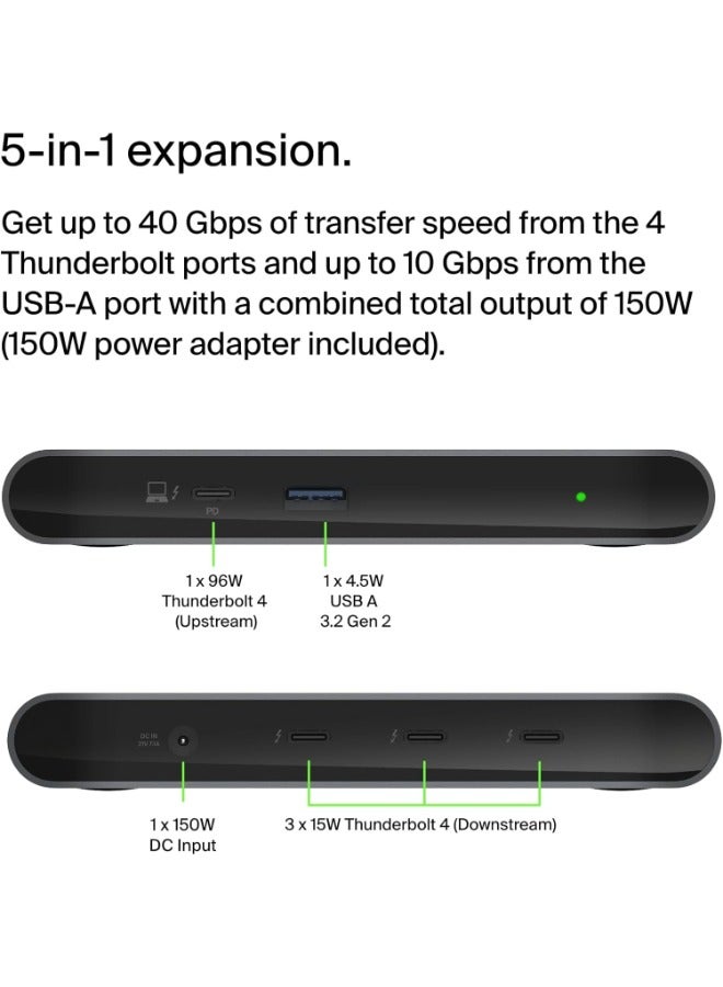belkin Thunderbolt 4 Docking Station, 5-in-1 USB-C Multiport Core Hub w/ 96W Power Delivery for Mac, Windows, Single 8K or Dual 4K Display, Thunderbolt 4 Cable & Power Supply Included Space Grey  - Image 2