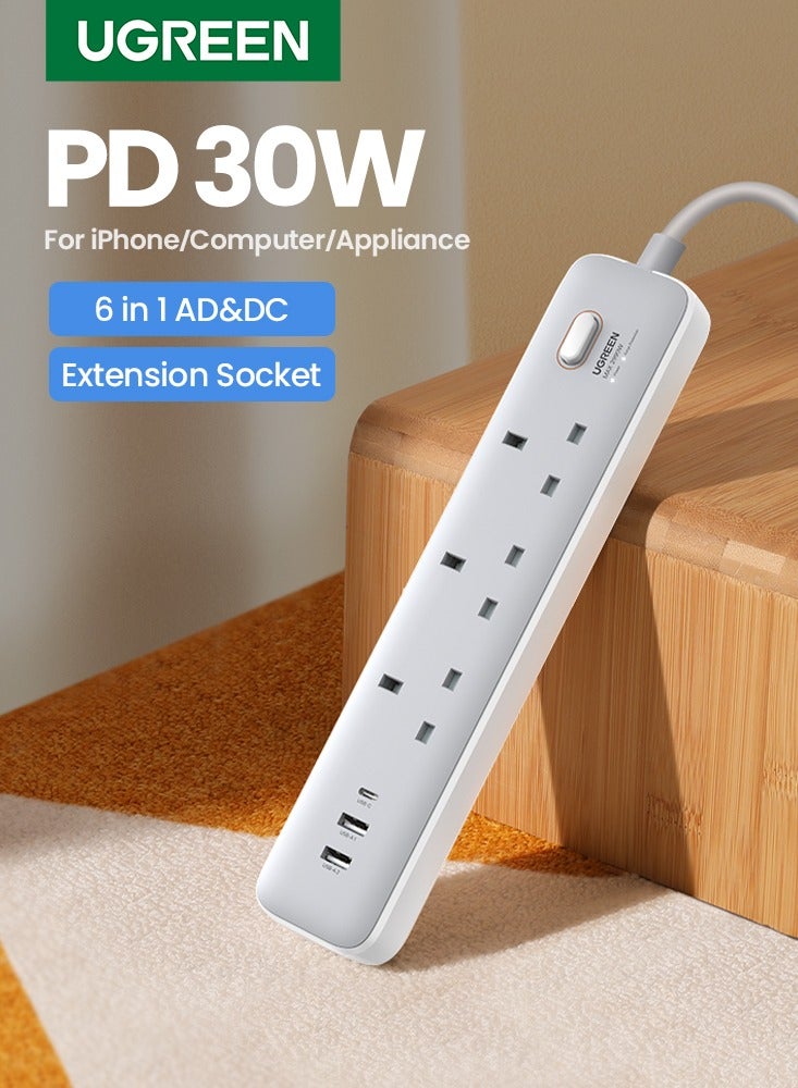 Ugreen Power Strip Extension With PD 30W 2A1C USB Ports【Smart Chip Bulit in】 Surge & Over Heat & Overcurrent Protection Power Socket Cord 3AC Power Outlets Universal Extension Plug With 2M Extension Cord White 