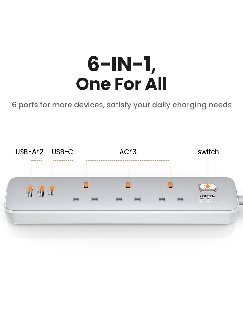 يو جرين - سلك تمديد أسلاك توصيل الكهرباء مع منافذ 30USB PD واط 2A1C قطاع تمديد الطاقة, شريحة ذكية مدمجة, حماية من الحرارة الزائدة والتيار الزائد، سلك مقبس الطاقة، منافذ طاقة 3AC، قابس تمديد عالمي مع سلك 2 متر - Image 1