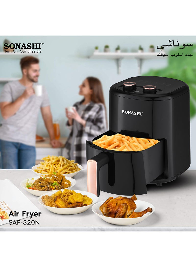 4L Air Fryer with Temperature Control 80-200°C|Healthy & Oil-Free Cooking| Auto Cook Menu Function with 2 Temperature Control Knobs| High-speed Air Circulation Technology with Overheat Protection 4 L 1200 W SAF-320N Black