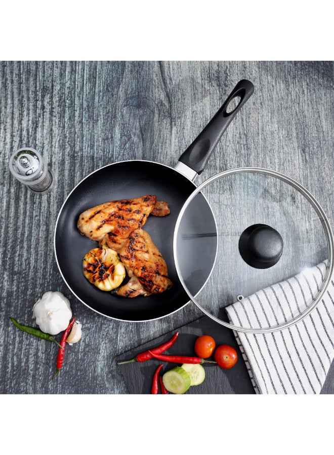 Royalford 22CM Aluminum Fry Pan With Tempered Glass Lid, Strong Aluminum Body With Non-Stick Coating And Bakelite Handle Compatible With Hot Plate, Halogen, Ceramic And Gas Stovetops Multi Color, Silver/Grey/Black 22cm - Image 4