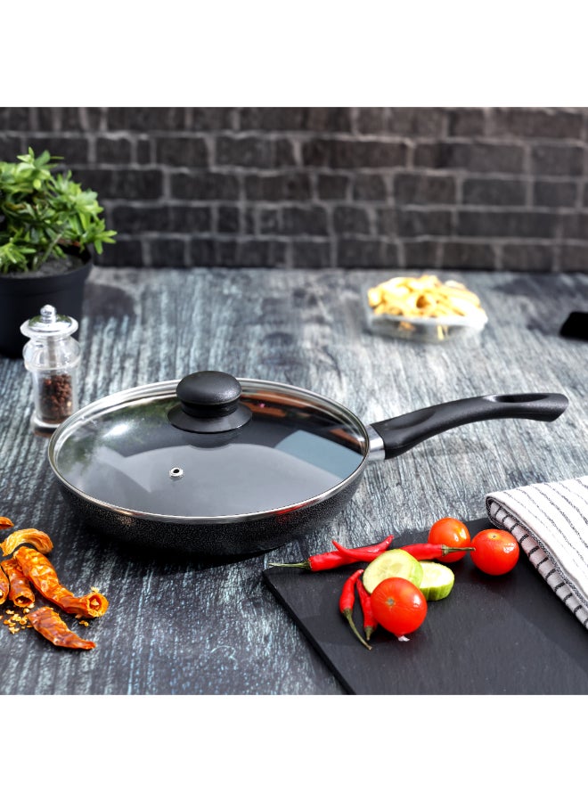 Royalford 22CM Aluminum Fry Pan With Tempered Glass Lid, Strong Aluminum Body With Non-Stick Coating And Bakelite Handle Compatible With Hot Plate, Halogen, Ceramic And Gas Stovetops Multi Color, Silver/Grey/Black 22cm - Image 2