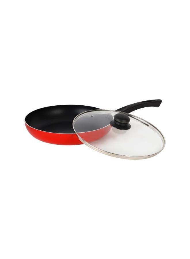 Royalford Aluminum Fry Pan With Tempered Glass Lid, Strong Aluminum Body With Non-Stick Coating And Bakelite Handle| Compatible With Hot Plate, Halogen, Ceramic And Gas Stovetops Red 26 CMcm  - Image 1
