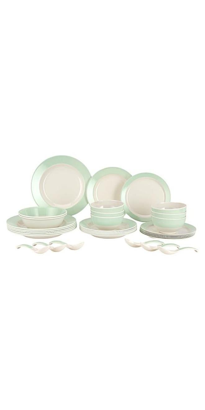 Royalford 32Pc Melamine Dinner Set ,break resistant ,freezer safe and Top Rack Dishwasher Safe Green and White 10inch - Image 1