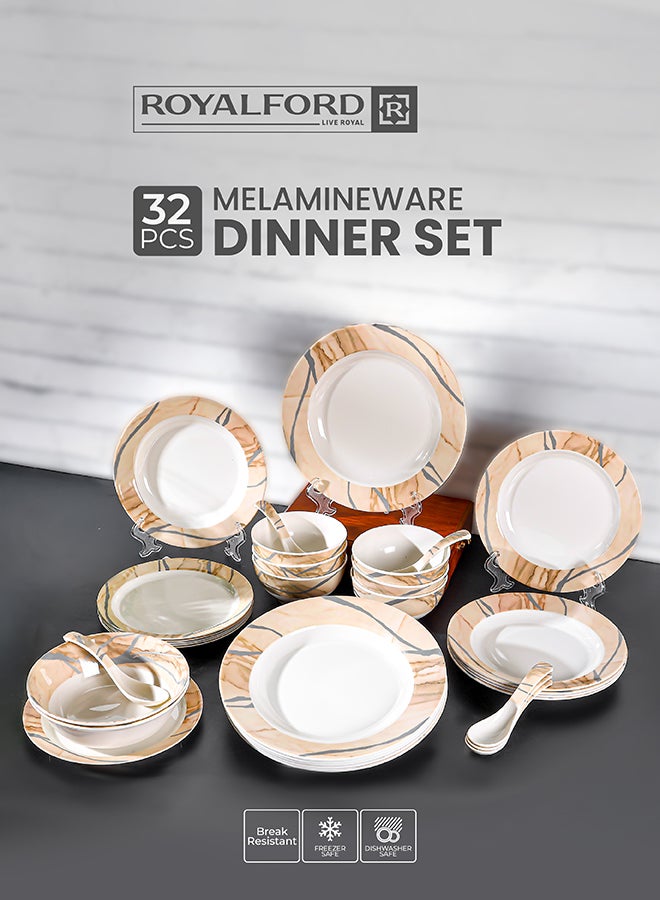 Royalford 32Pc Melamine Dinner Set ,break resistant ,freezer safe and Top Rack Dishwasher Safe Beige & Brown 10inch - Image 1