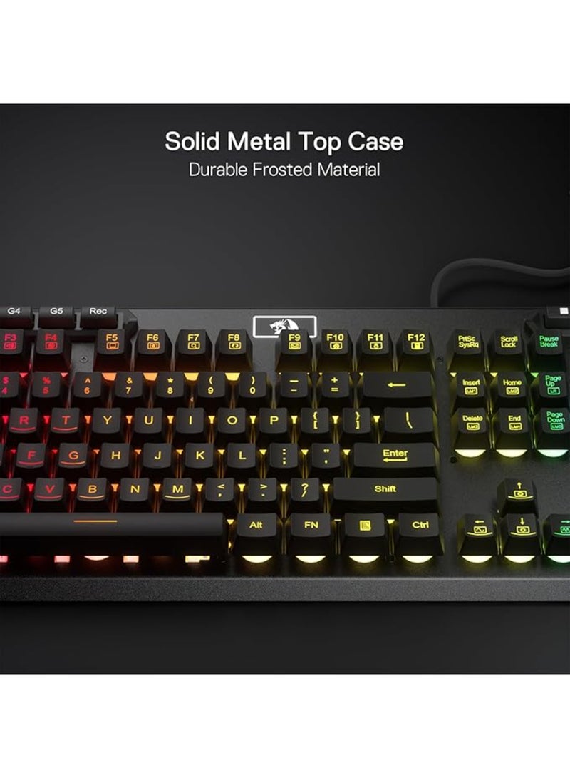 REDRAGON - K513 RGB Membrane Gaming Keyboard, Standard 104 Keys Linear Mechanical-Feel Keyboard w/ 5 Extra On-Board Macro G Keys, Dedicated Media Control, Solid Metal Top Case - Image 1