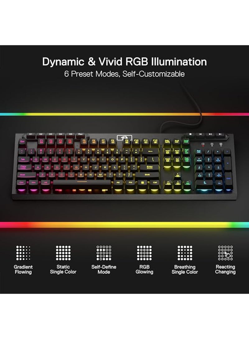 REDRAGON - K513 RGB Membrane Gaming Keyboard, Standard 104 Keys Linear Mechanical-Feel Keyboard w/ 5 Extra On-Board Macro G Keys, Dedicated Media Control, Solid Metal Top Case - Image 1
