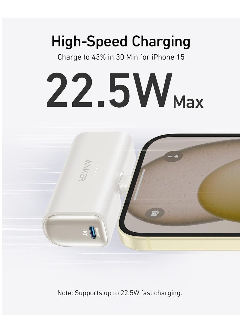 Anker - 5000 mAh Nano Power Bank, Mini Portable Charger With Built-In Foldable USB-C Connector, Battery Pack 22.5W, For iPhone 15, Samsung S23 Series, Note20 Series, LG, Huawei, iPad, AirPods, And More White - Image 1