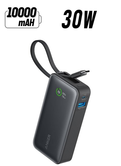 بنك طاقة نانو 10000 مللي أمبير في الساعة، شاحن محمول مع كابل USB-C مدمج، مخرج PD 30 وات مع 1 USB-C، 1 USB-A، حزمة بطارية شحن سريعة لسلسلة iPhone 15/14 وGalaxy وiPad وAirPods والمزيد أسود