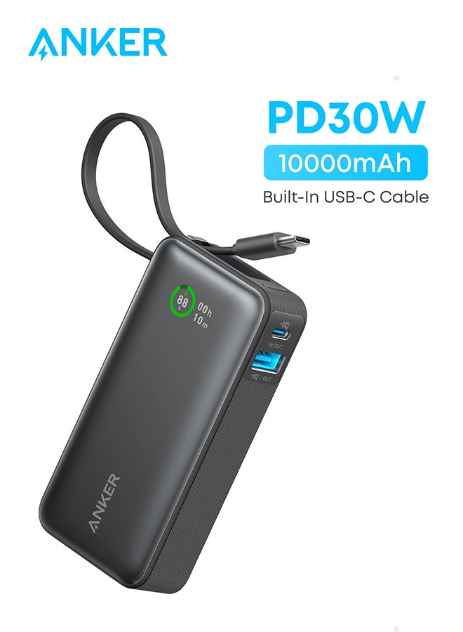10000 mAh Nano Power Bank, 10000mAh Portable Charger with Built-In USB-C Cable, PD 30W Output with 1 USB-C, 1 USB-A, Fast Charging Battery Pack for iPhone 16/15 Series, Samsung, Huawei, Xiaomi, iPad, Vivo Black