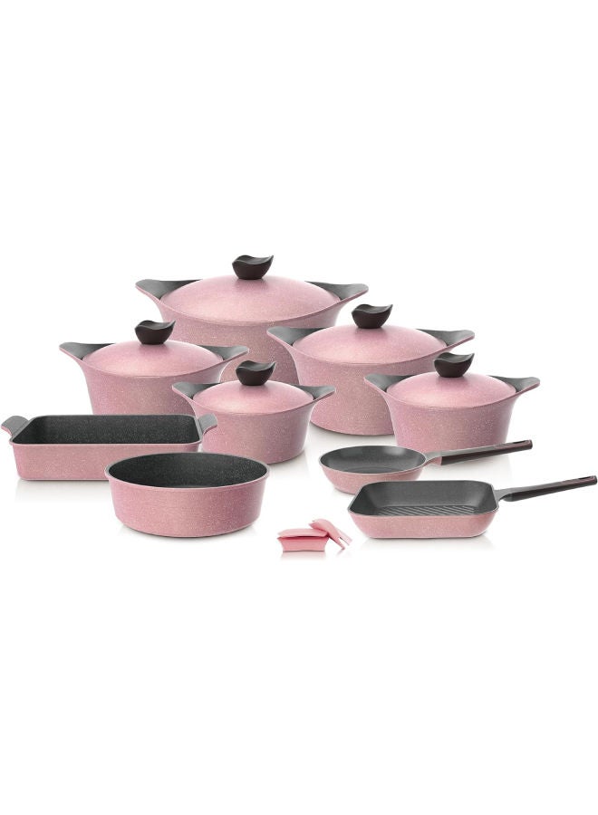 Set of 14 Pink Marble (5 Pots 18-20-22-24-28 + Round Oven Tray 28 + Frying Pan 26 + Grill 28 + Rectangle Oven Tray) - pnsku/N70049779V/45/_/1710050977/61fa74d4-a7c6-470d-acb7-127ea44ee09e