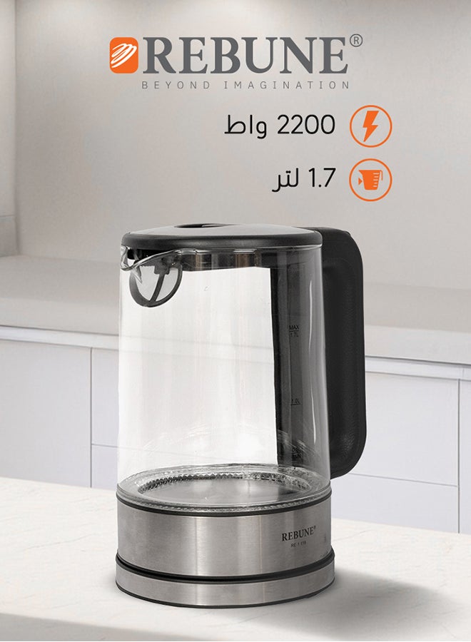 ريبون غلاية كهربائية زجاجية 1.7 لتر 2200 وات RE-1-119 لون فضي - Image 1