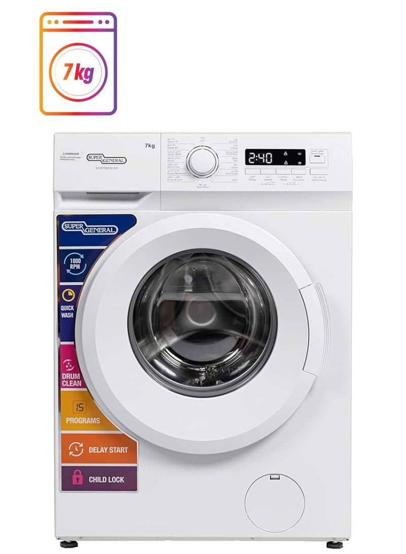 SUPER GENERAL - 7 KG Front Load Washing Machine, ‎1200 RPM, 15 Programs,LED Display, Quick Wash, High Efficiency, Drum Clean, Delay Start, Child Lock 7 kg SGW7250NLED White - Image 1