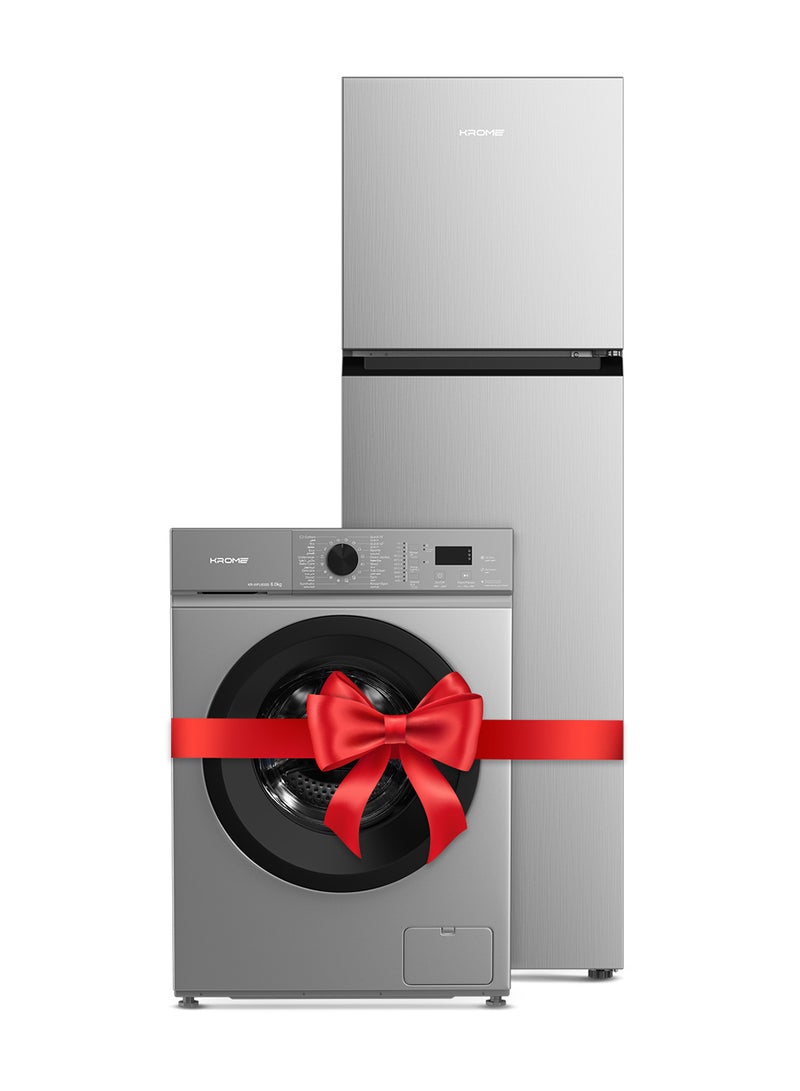 Krome - 370L Gross, Top Mount Double Door Refrigerator , Automatic Defrost Freezer + 6Kg 1000 RPM Front Load Washing Machine, LED Display, 5 Star Energy Efficient-Bundle Pack KR-REF 370T+KR-WFL60SS Silver - Image 1