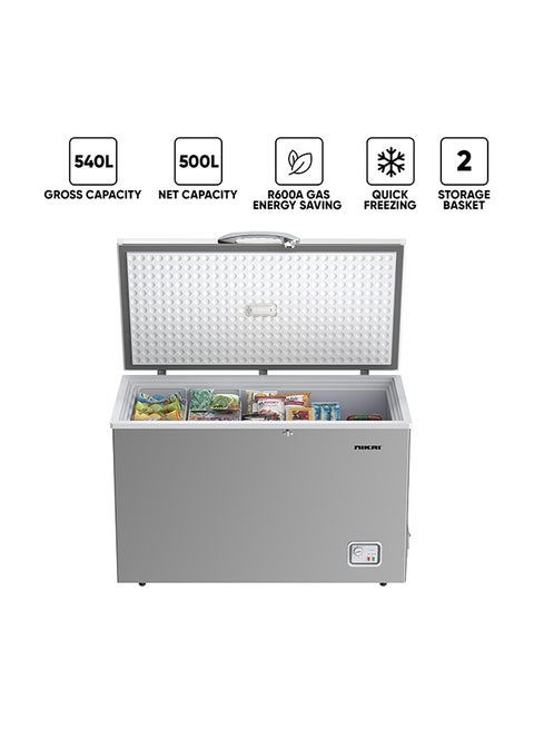 Single Door Chest Freezer With Storage Basket, High Energy Efficiency Cooling System, Adjustable Temperature, Silent Operation, For Home And Restaurants 540 L 1200 W NCF540N7S Grey
