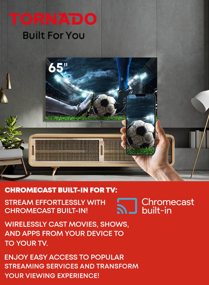 TORNADO 65 Inch 4K UHD Frameless Smart TV | 120HZ | Android | Built-in receiver | Youtube | Netflix | Big Size Ultra HD Television With Full Size Screen | No Frame - 65UA1410E Black - Image 3