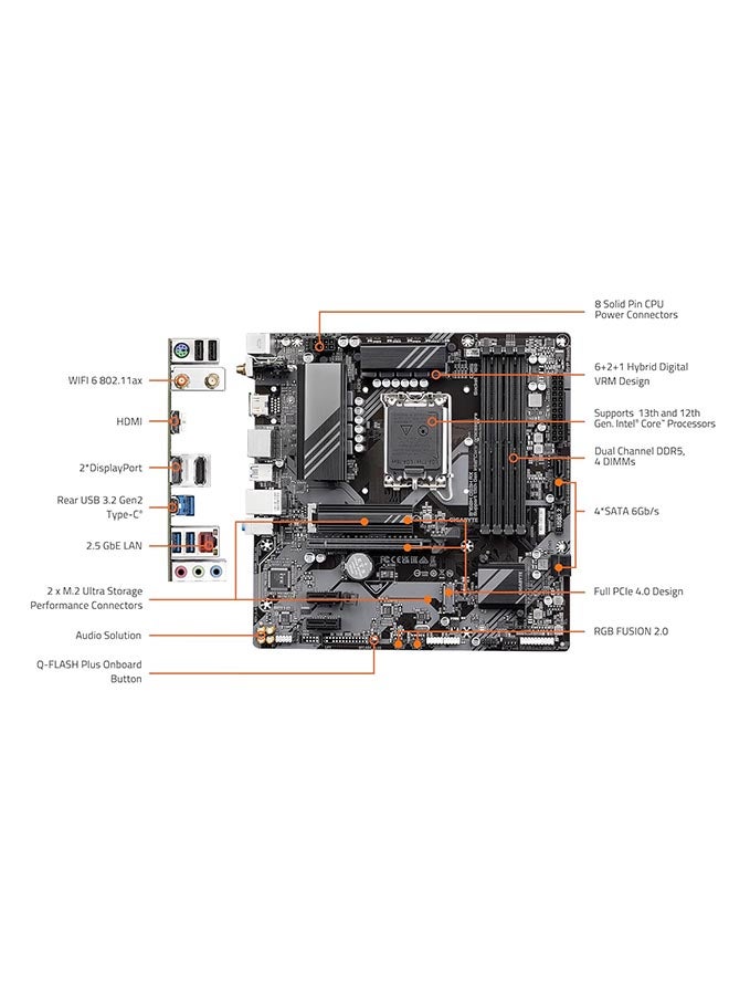 جيجابايت - اللوحة الأم B760M DS3H DDR5 LGA1700 mATX، مجموعة شرائح Intel B760، 4x DDR5 DIMM، ذاكرة بحد أقصى 192 جيجابايت، Realtek 2.5GbE LAN، 1 x PCI E 4.0x16، 1x D-Sub، 1x HDMI، 1x DP، 1x USB-C/3.2 | B760M-DS3H-DDR5 - Image 1