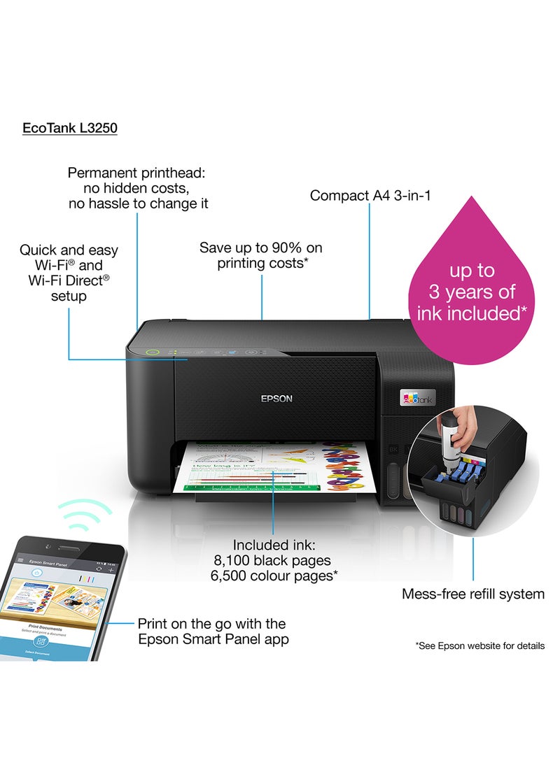 طابعة Ecotank L3250 Home Ink Tank 3-In-1 الملونة المجددة مع اتصال واي فاي وتطبيق Smartpanel