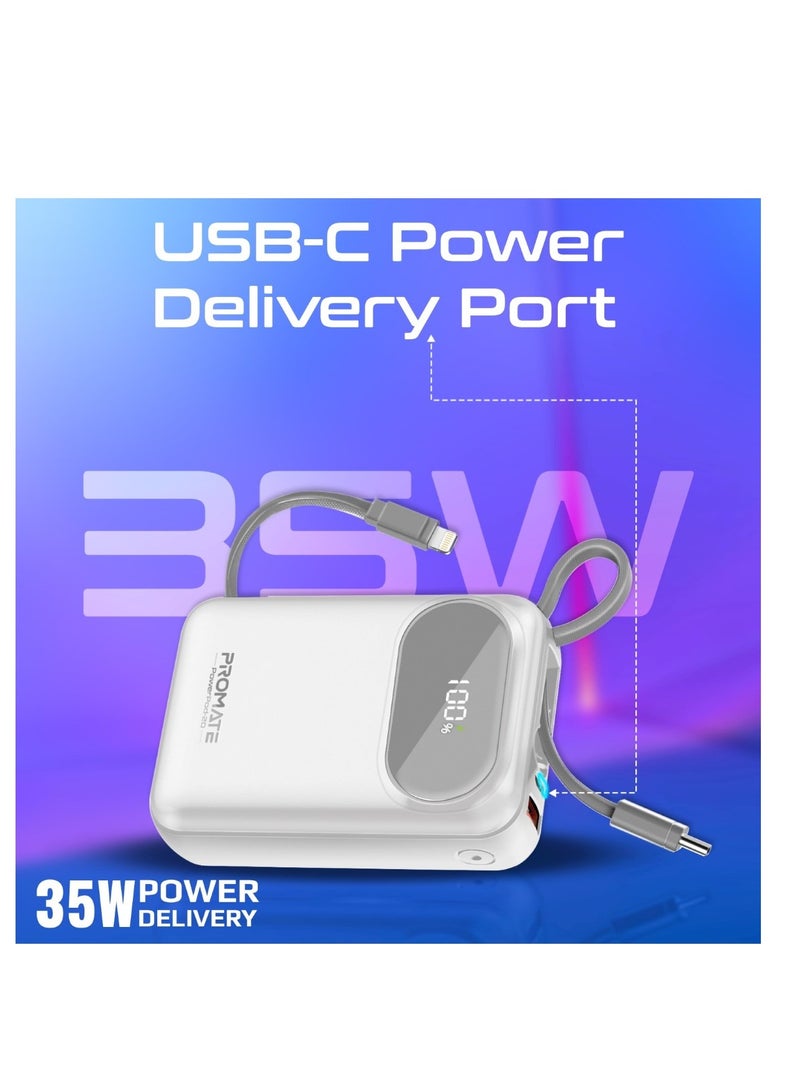 PROMATE - 20000 mAh 20000 mAh Power Bank, Universal Ultra-Compact Portable Charger, 27W Lightning Cables, Built-In 35W USB-C Power Delivery, 22.5W USB-A QC 3.0 Port For iPhone 16, Galaxy S25, Powerpod-20 - White - Image 1