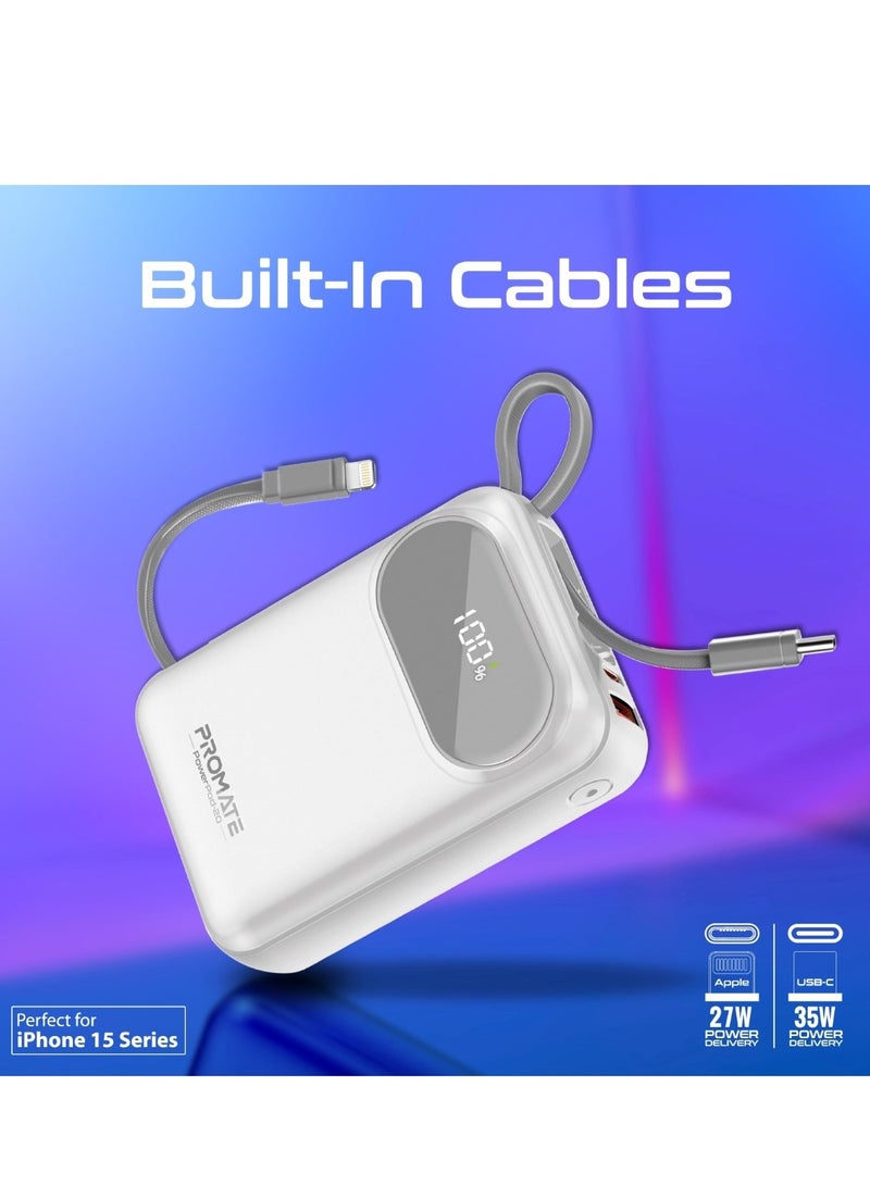 PROMATE - 20000 mAh 20000 mAh Power Bank, Universal Ultra-Compact Portable Charger, 27W Lightning Cables, Built-In 35W USB-C Power Delivery, 22.5W USB-A QC 3.0 Port For iPhone 16, Galaxy S25, Powerpod-20 - White - Image 1