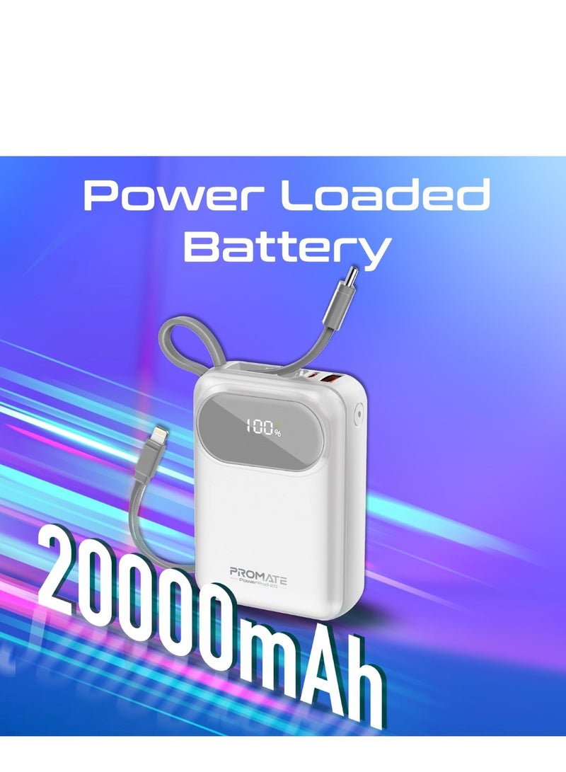 PROMATE - 20000 mAh 20000 mAh Power Bank, Universal Ultra-Compact Portable Charger, 27W Lightning Cables, Built-In 35W USB-C Power Delivery, 22.5W USB-A QC 3.0 Port For iPhone 16, Galaxy S25, Powerpod-20 - White - Image 1